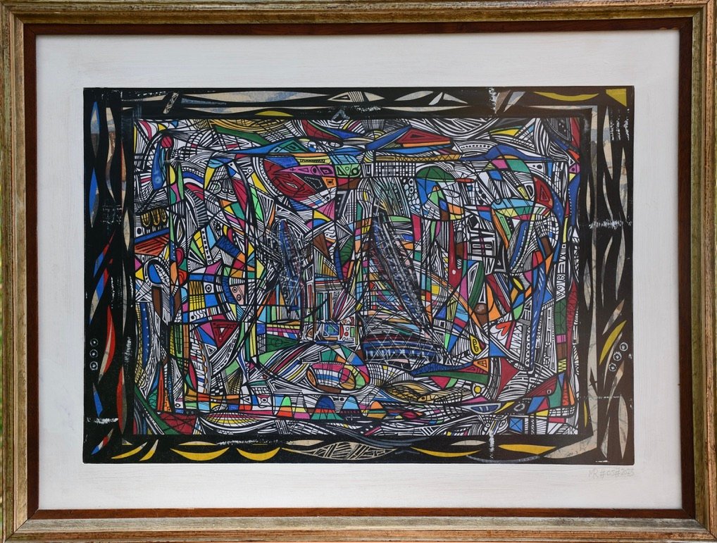 Régate — enchevêtrement de voiles et de lignes colorées cernées de noir, par Marc Raineri