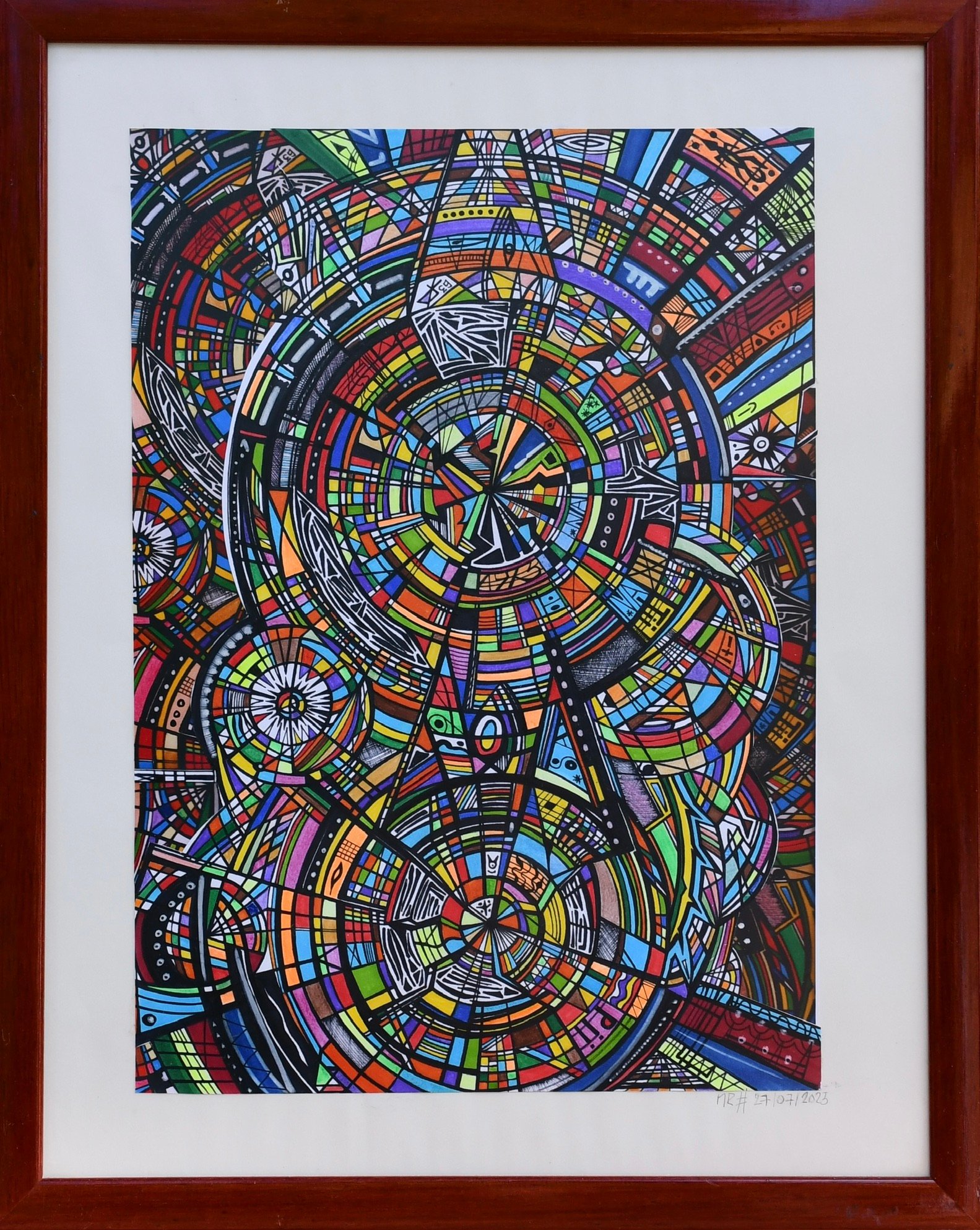 Vertiges — cercles concentriques colorés au feutre et à l’encre, signé MR 27/07/2023, par Marc Raineri